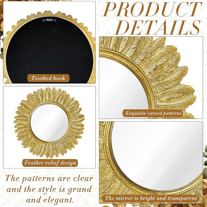 Pack of 1 Gold Round Wall Mirror 12 inch - Small Feather Decorative Wall Mirror,Vintage Sunburst Boho Wall Decor Mirror for Bedroom,Living Room,Entryway,Hallway,Dressing Table