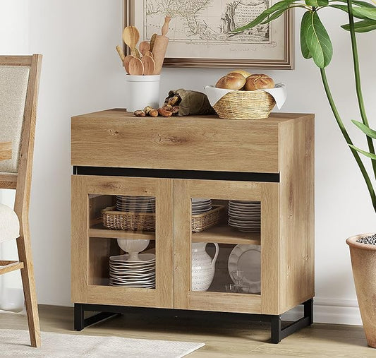 WAMPAT Sideboard Buffet Cabinets with Glass Doors and Drawer, Modern Sideboard Credenza with Adjustable Shelf, Coffee Bar Cabinet Storage Cabinet for Living Room, Kitchen, Oak