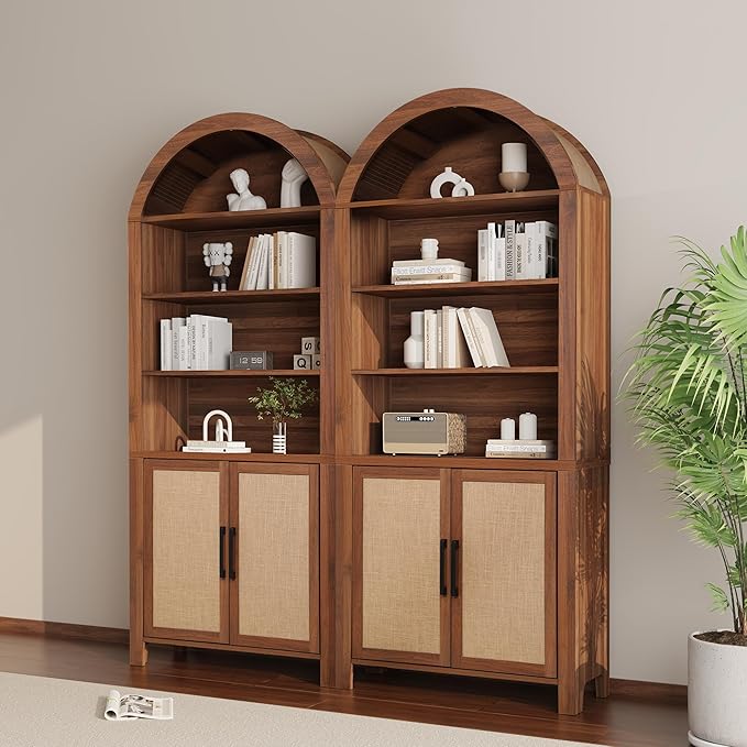 Janmer Home 71" Tall Arched Bookcase with Storage, Modern 6-Tier Cabinet with Door, Arched Bookshelf Cabinet with Open Display Storage Shelf for Living Room (Walnut,)