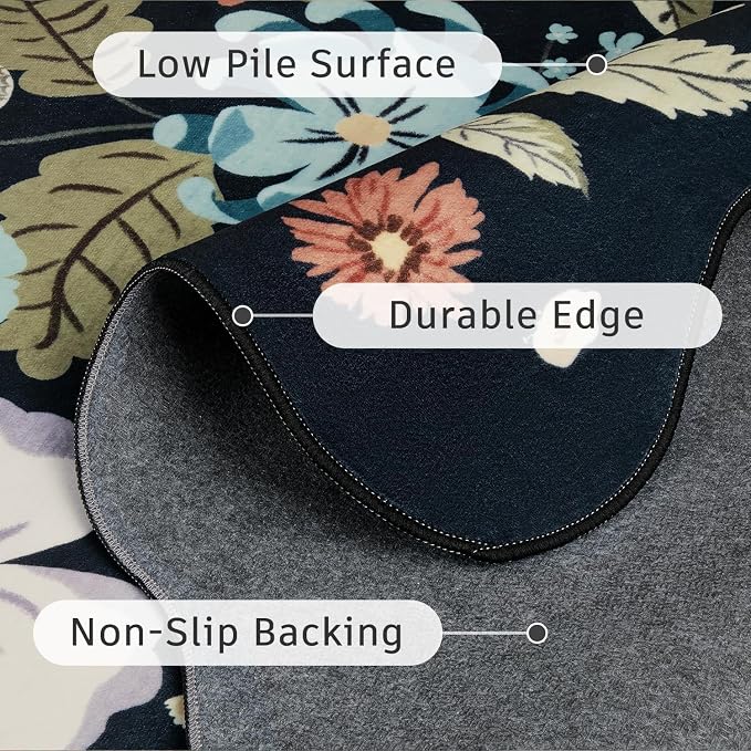 DCX Black Floral Rug 5x7, Washable Black Rug for Living Room, Kid & Pet Friendly with Rubber Back Non Slip, Soft Low Pile Carpet, Stain Resistant Rug for Bedroom, Nursery, Dining Room