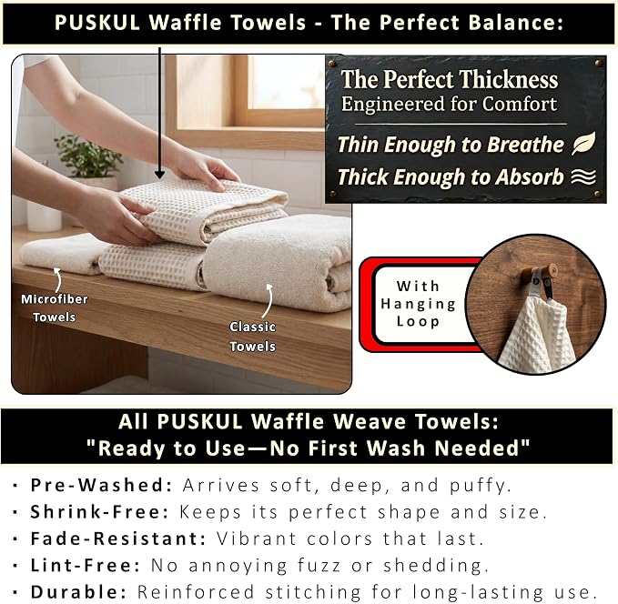 PÜSKÜL Organic Raw-Undyed Waffle Towels for Bathroom Set 4-Piece | Natural 100% Turkish Cotton Luxury 2 Hand Towel & 2 Bath Towel | Absorbent Quick Dry Lightweight Bath Towels Oeko-Tex Made in Turkey