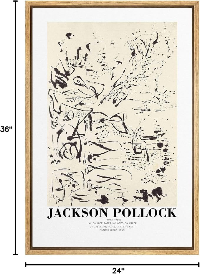 SIGNLEADER Framed Canvas Print Wall Art Jackson Pollock Ink Rice Paper Sketch Abstract Shapes Illustrations Fine Art Decorative Minimalist Relax/Calm for Living Room, Bedroom, Office - 24"x36" NATURAL