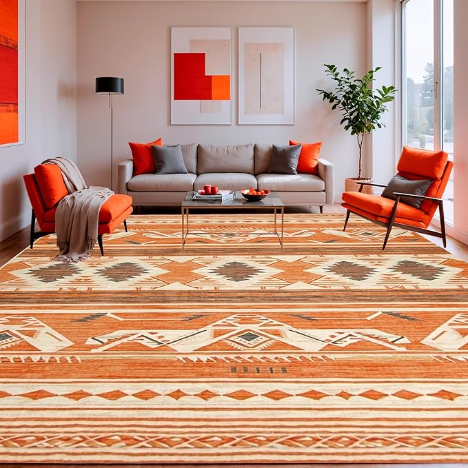 Flatwoven High Traffic Area Rug 6x9, Southwestern Inspired Rug Featuring Bold Aztec Diamond, Non Slip, Stain Resistant, Washable Area Rugs for Living Room, Bedroom (Orange, 6x9)