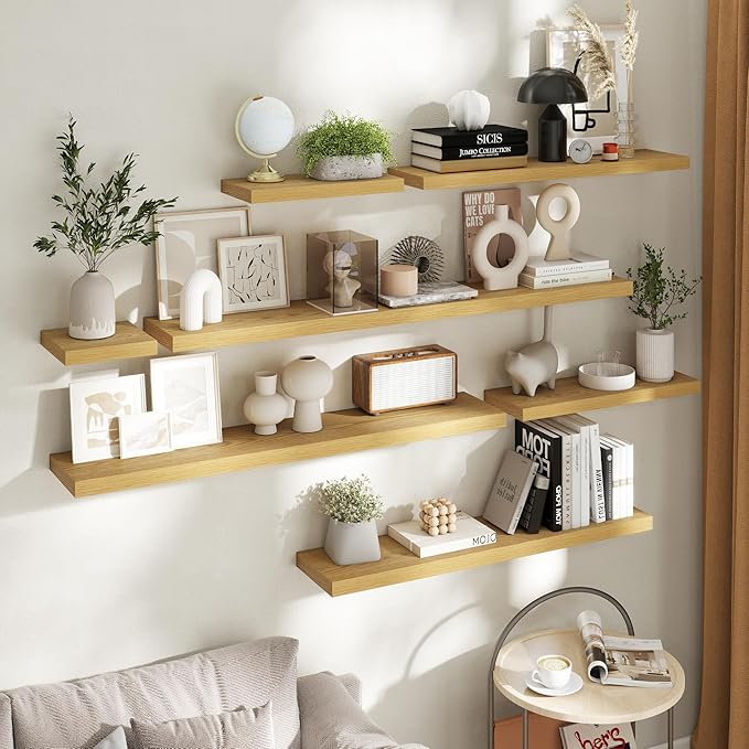 36 Inch Floating Shelves for Wall Set of 2, 8"D Wood Grain Bathroom Shelves with Invisible Brackets, Easy Install Engineered Wood Storage Shelves for Kitchen, Living Room, Bedroom, Oak Finish