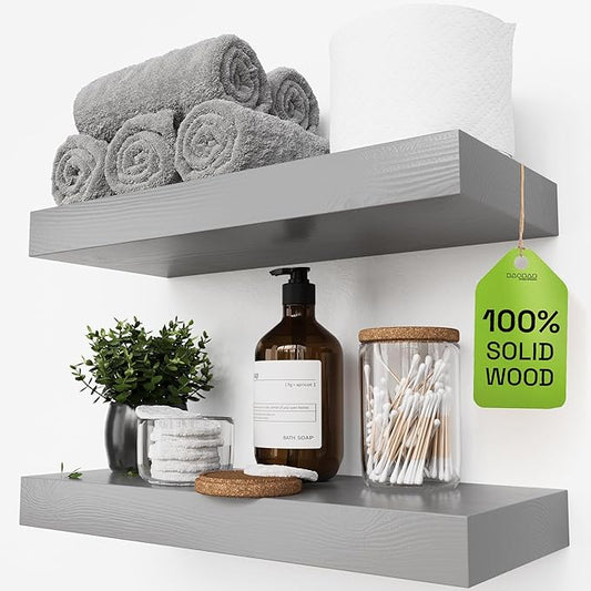 BAOBAB WORKSHOP Solid Wood Floating Shelves for Wall 16 Inch Grey, Wooden Bathroom Shelf