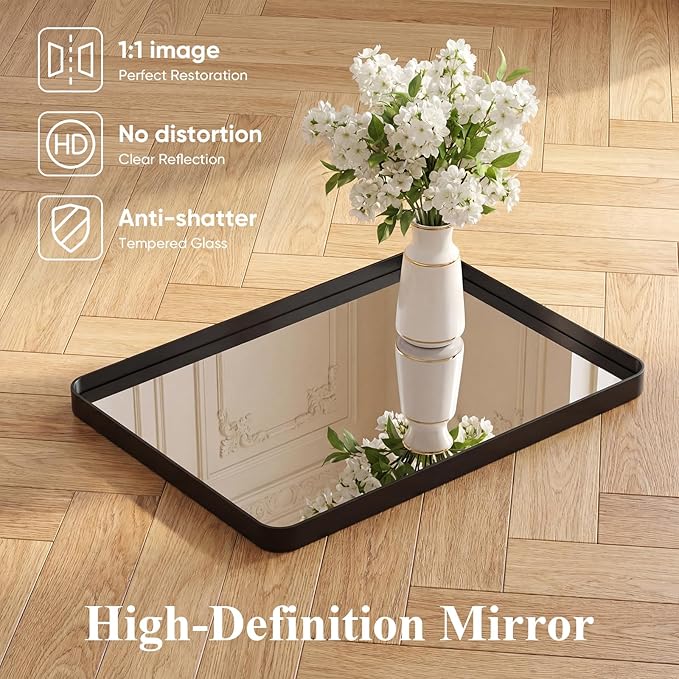 NEWBULIG 30X36 Inch Bathroom Mirror for Over Sink, Wall Vanity Mirrors Tempered Glass, Anti-Rust Metal Framed Rounded Rectangle, Hangs Horizontally or Vertically, Farmhouse Home Decor, Black