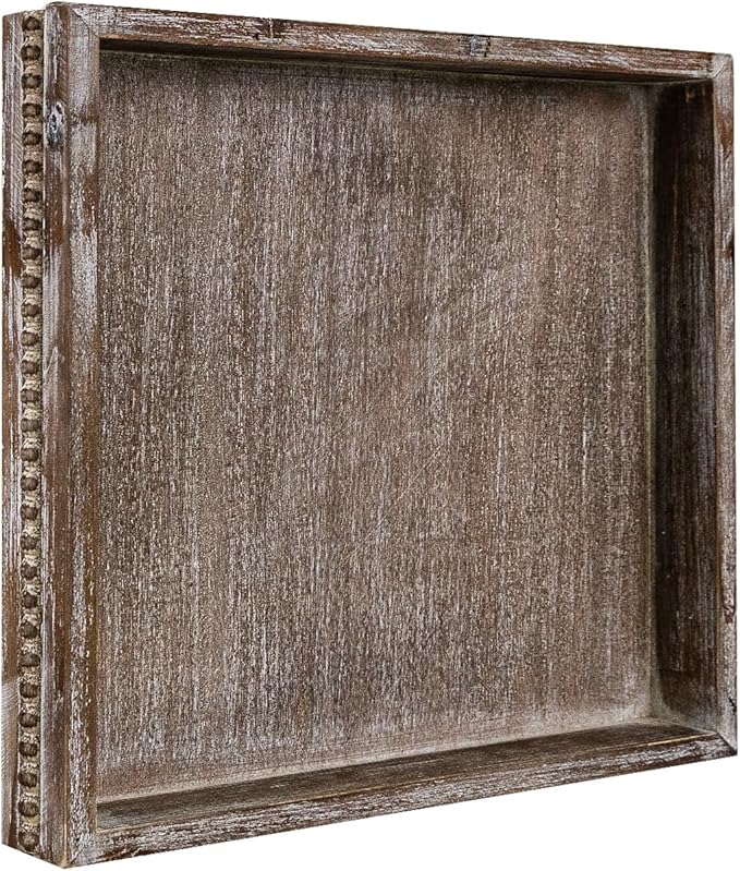 MAONAME Wood Serving Tray, Farmhouse Wooden Tray for Coffee Table, Rustic Square Trays with Beads, Vintage Brown Decorative Trays for Living Room, Kitchen, 12" X 12" X 1.6"