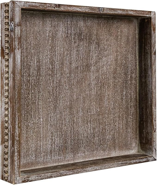 MAONAME Wood Serving Tray, Farmhouse Wooden Tray for Coffee Table, Rustic Square Trays with Beads, Vintage Brown Decorative Trays for Living Room, Kitchen, 12" X 12" X 1.6"