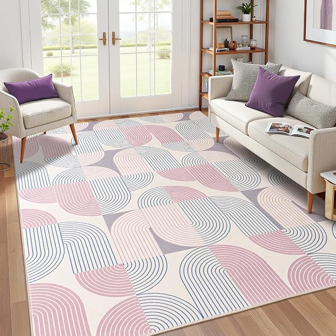 Large 9x12 Area Rugs for Living Room-Soft Modern Geometric Pink Rug for Bedroom, Washable Non-Slip Indoor Floor Boho Abstract Carpet for Dining Room Nursery, Pink/Purple