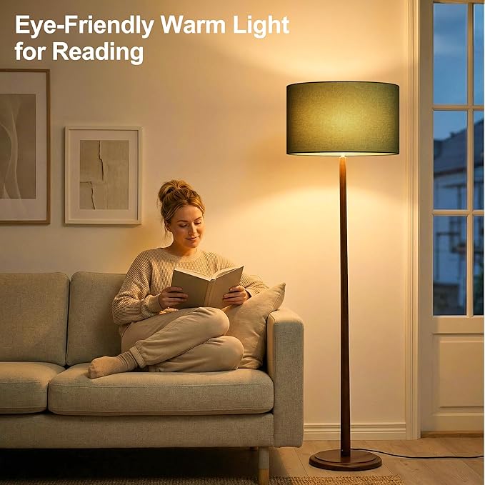 61" Rustic Walnut Wood Floor Lamp, Mid Century Standing Tall Lamp with Linen Shade, Retro Farmhouse Lighting for Home Living Room, Bedroom, Dining Room, UL listed, E26 Base (Bulb Not Included), Green