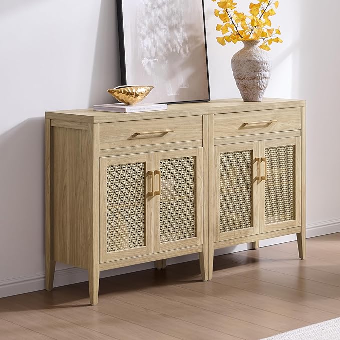 SICOTAS Sideboard Buffet Cabinet with Drawers - Credenza Storage Cabinet with Adjustable Shelves, Farmhouse Sideboards Coffee Bar Console Cabinets for Kitchen Living Room Entryway, Light Walnut, 3 PCS