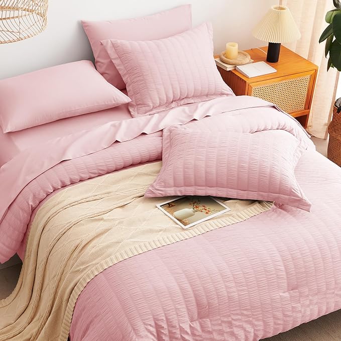 CozyLux Full Size Comforter Sets Pink, 7 Pieces Seersucker Textured Luxury Bed in a Bag, All Seasons Soft Bedding Sets with Down Alternative Comforter, Sheets, Pillowcases & Shams, Home Gift