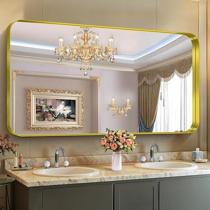 CIRCUMI Gold Bathroom Mirror, 30"x60" Rectangular Mirror with Deep Metal Frame, Rounded Corner, Tempered Glass, Large Mirror for Wall, Over 2 Sinks, Installed Vertically/Horizontally, Crystal-Clear