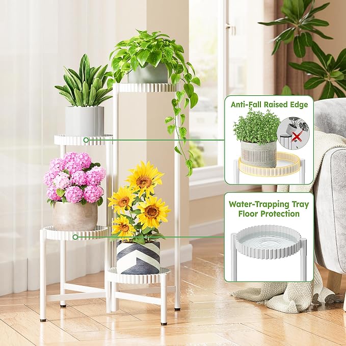 Metal Corner Plant Stand Indoor Outdoor, 4 Tier Tall Flower Pot Holder Potted Display Rack Shelf, Heavy Duty Flodable Plant Shelf for Patio Garden Balcony Living Room Bedroom - WhiteFloroma