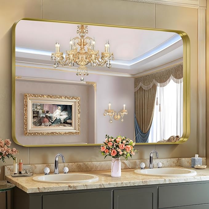 CIRCUMI Gold Bathroom Mirror, 36"x55" Rectangular Mirror with Deep Metal Frame, Rounded Corner, Tempered Glass, Large Mirror for Wall, Over 2 Sinks, Installed Vertically/Horizontally, Crystal-Clear