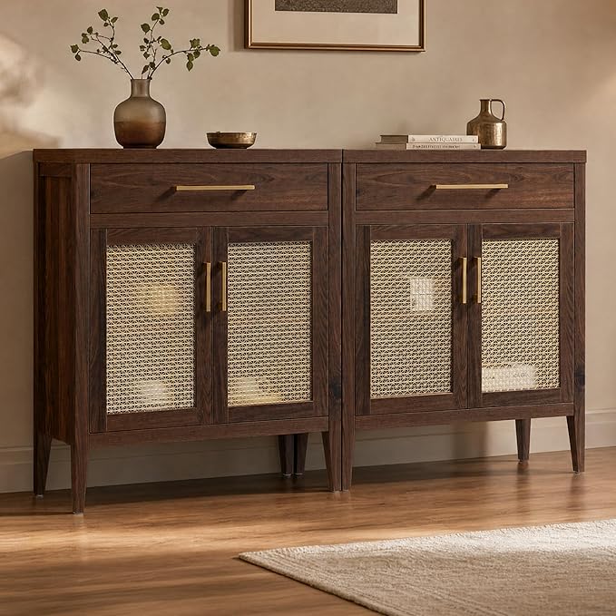 SICOTAS 60" Farmhouse Buffet Cabinet with Metal Mesh Doors, Modern Sideboard Credenza with Drawers, Elegant Coffee Bar Console Table for Living Room Entryway, Espresso Walnut