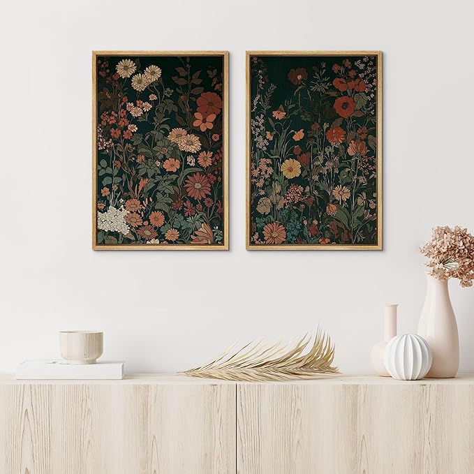 IDEA4WALL Framed Canvas Print Wall Art Set Vintage Wildflower Botanical Dark Green Floral Illustrations Modern Art Decorative Bohemian Calm/Zen for Living Room, Bedroom, Office - 16"x24"x2 Natural