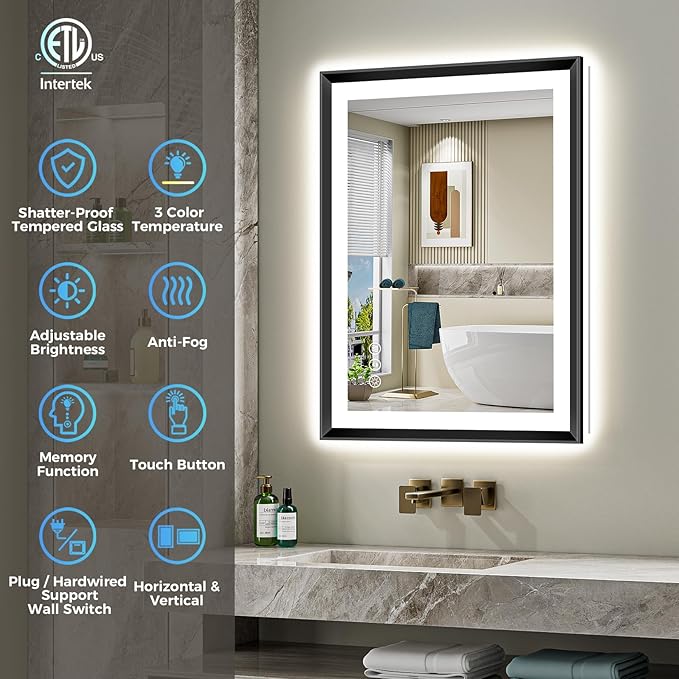 24x32 Black Framed LED Bathroom Mirror with Lights, Backlit and Front Light, Lighted Bathroom Vanity Mirror for Wall Dimmable Anti-Fog Memory Tempered Glass Horizontal/Vertical