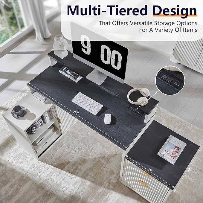 JXQTLINGMU 67" Modern L Shaped Desk with Storage Cabinet & Drawers, Wood Home Office Desk with Power Outlets, Fluted Computer Writing Desk, Antique White