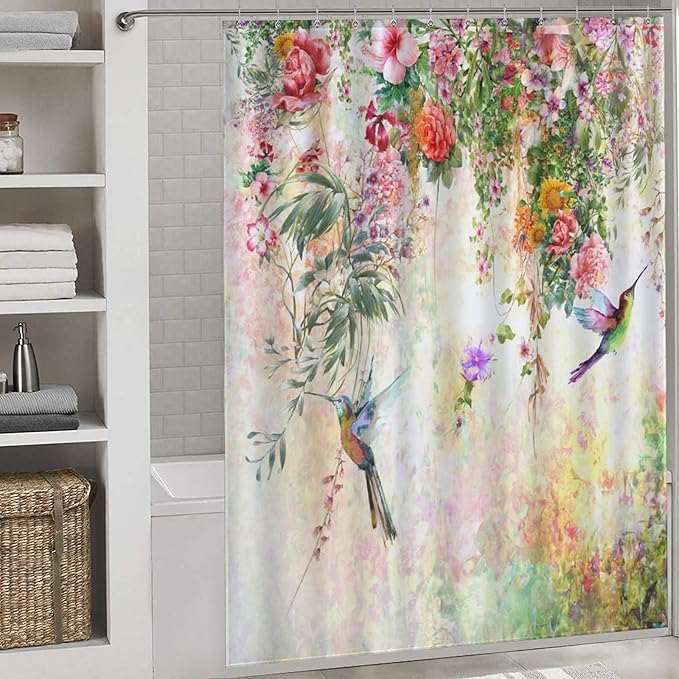 Watercolor Flowers Hummingbird Shower Curtain,Watercolor Floral with Tropical Flower Bird Butterfly Spring And Summer Waterproof Shower Curtains for Bathroom Decor 12 Pack Hooks 66x72in（168x183cm）