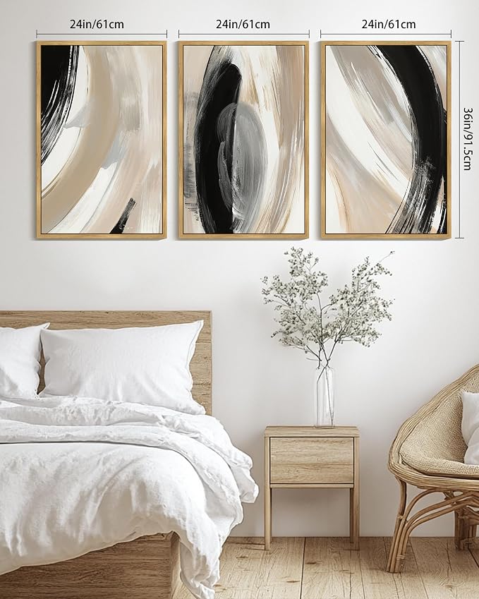 KUVIOKE Black Abstract Framed Wall Art Neutral Minimalist Graffiti Pastel Wall Decor Modern Illustration Art Painting for Bedroom Dining Room 24x36in (Natural Framed)