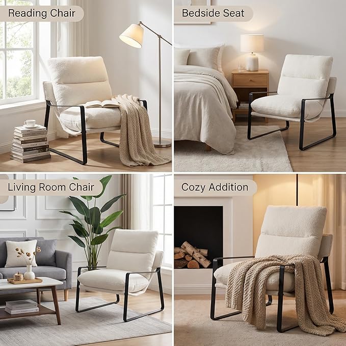 LukeAlon Modern Sherpa Accent Armchairs Set of 2, Upholstered Living Room Chairs with Metal Base Thickened Cushion Single Sofa Chairs Comfy Lounge Chairs for Bedroom Living Room, White