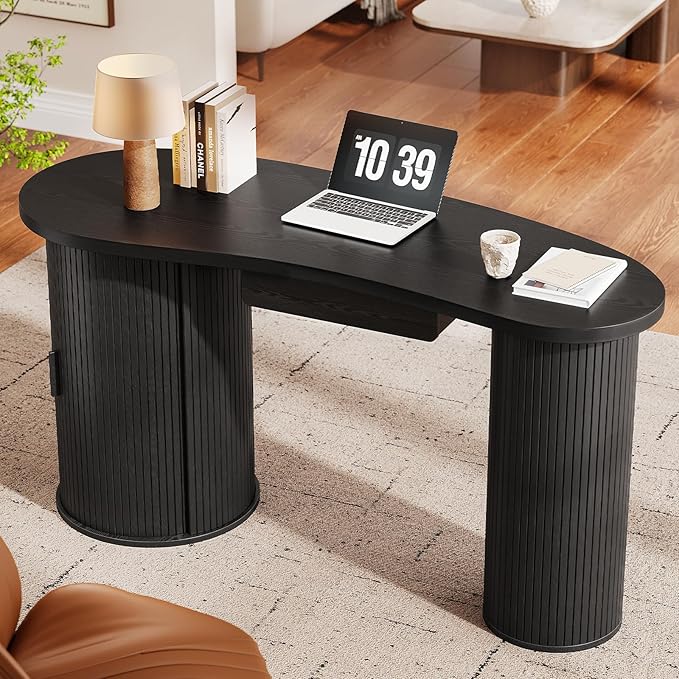 ONBRILL 59 Inches Fluted Office Desk with Storage, Bean-Shaped Computer Desk with Drawer, Mid-Century Modern Curved Corner Desk with Sliding Door for Work and Study,Black
