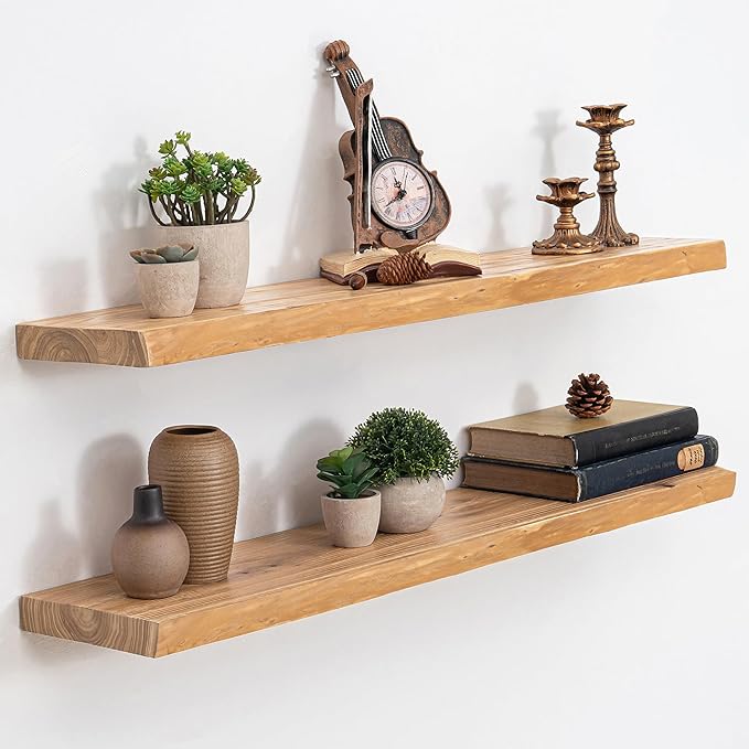 Extra Deep 36" Long Live Edge Rustic Floating Shelves for Wall, Solid Wood Wall Shelves with Invisible Bracket Mount for Living Room Bathroom Bedroom Kitchen, Set of 2, Natural