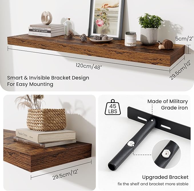 48 Inch Floating Shelves for Wall - 12 Inch Deep Fireplace Mantel Shelf - Wood Floating Shelf for Wall - Large Storage Shelves Wall Mount for Living Room & Bedroom - Rustic Brown - Set of 2