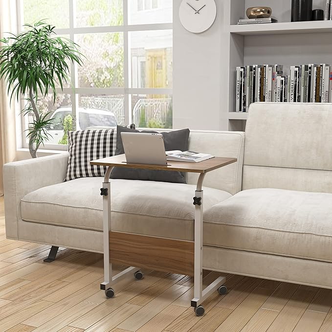 DlandHome Rolling Laptop Desk Stand Up Desk Adjustable Mobile Laptop Desk, 23.6 Inches Medium Size Side Table, Movable w/Tablet Slot & Wheels, Portable Stand for Bed Sofa Oak