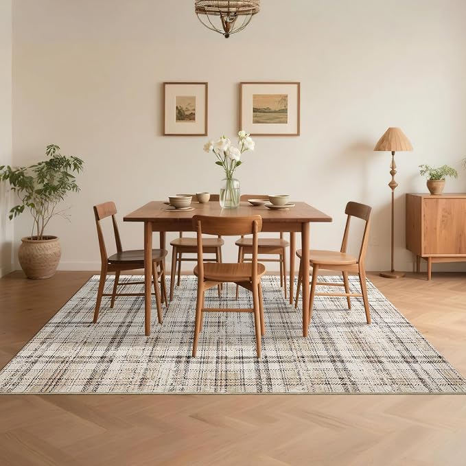 Modern Plaid Washable Rug 9x12 Rug for Living Room Soft Large Area Rug for Bedroom Tartan Non Shedding Non Slip Throw Rugs Stain Resistant Carpet for Dining Room Nursery 9'x12' Beige