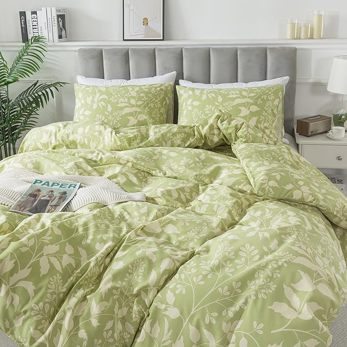 HoneiLife Wildflower Duvet Cover King - 100% Cotton Comforter Cover Sets, 3-PC Comfortable Floral Duvet Cover Sets, Soft & Breathable Duvet Cover with Zipper Closure & Corner Ties, Vibrant Green