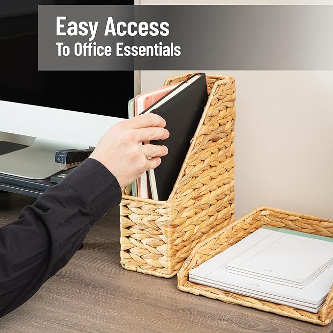 Mind Reader Rattan Vertical File Organizer with Iron Frame, Desktop Organizer, Holds Letter Size Documents, Brown