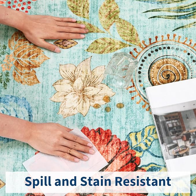 Washable 4x6 Small Area Rug for Living Room Boho Floral Soft Bedroom Rug Non Slip Office Rugs Low Pile Kitchen Small Carpet Stain Resistant Throw Rug for Bedside Kids Room Dining Room, Blue