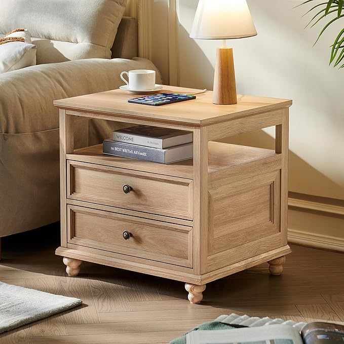 24" Wide Farmhouse Night Stand,Large End Table with 2 Drawers & Metal Handle,Wood Dresser for Bedroom, Natural Bed Side Table Chest of Drawers Cabinet,Nightstand for Living Room,Closet