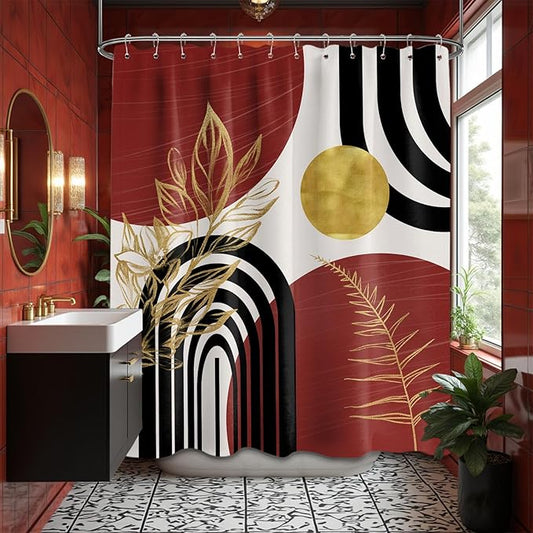 Black and Red Shower Curtain Boho Mid Century Burgundy Dark Red and Gold and White Shower Curtains for Bathroom Decor, Waterproof Cloth Fabric with Hooks, 70" W x 84" L