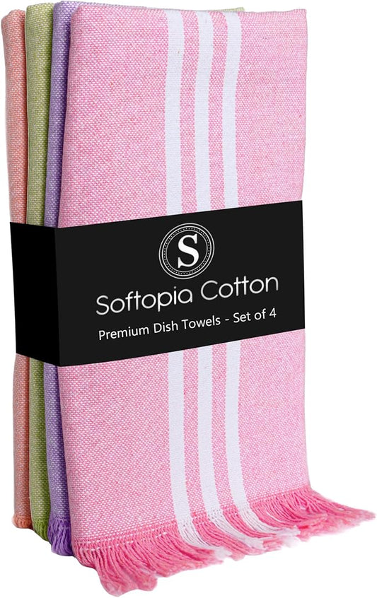 Multi Color Kitchen Towels 4 Pack, 16x26 Inches, Striped Tea Towels, Quick Dry Dishcloth, Absorbent Cleaning Rags, Washable Kitchen Cloths - Rose Pink, Lavender, Green, Orange
