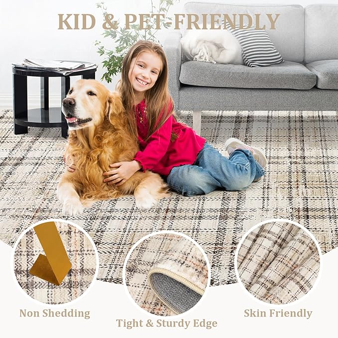 Modern Washable 8x10 Area Rug - Soft, Non-Slip, Stain Resistant, Farmhouse Tartan Plaid for Living Room, Bedroom, Nursery, Office - Beige