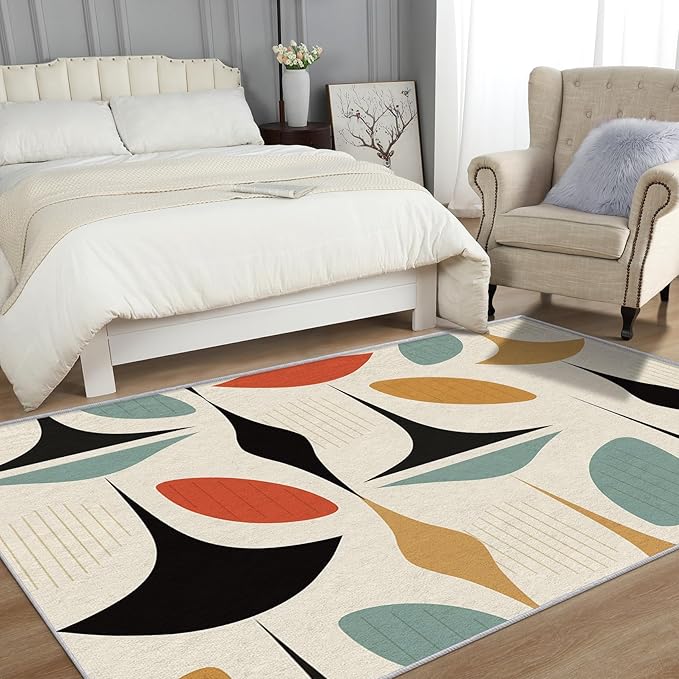 50s Rugs for Living Room 6x9, Mid Century Retro Geometric Abstract Modern Pattern Design Area Rug, 50s Bedroom Decor Carpet, Non Slip, Washable (RG650)