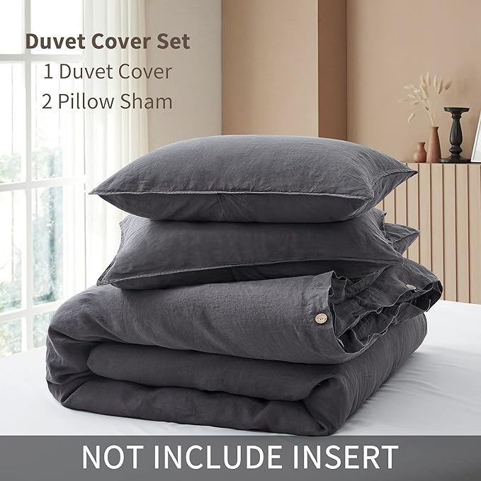 ATLINIA 100% Flax Linen Duvet Cover Set - Stone Washed Pure French Linen Organic Fabric for Farmhouse Comforter Boho Bedding Included 1 Duvet Cover 2 Pillow Shams(Dark Grey, Queen)