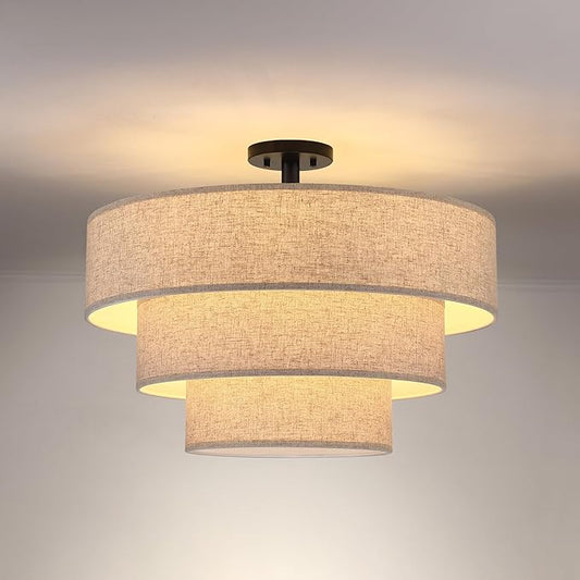 Doraimi Lighting 3 Tier Milky Apricot Linen Drum Fabric Semi Flush Mount Light Modern Farmhouse Decor 7 Light 24 Inch Black Finish for Kitchen Living Room Dining Room Corridor Hallway