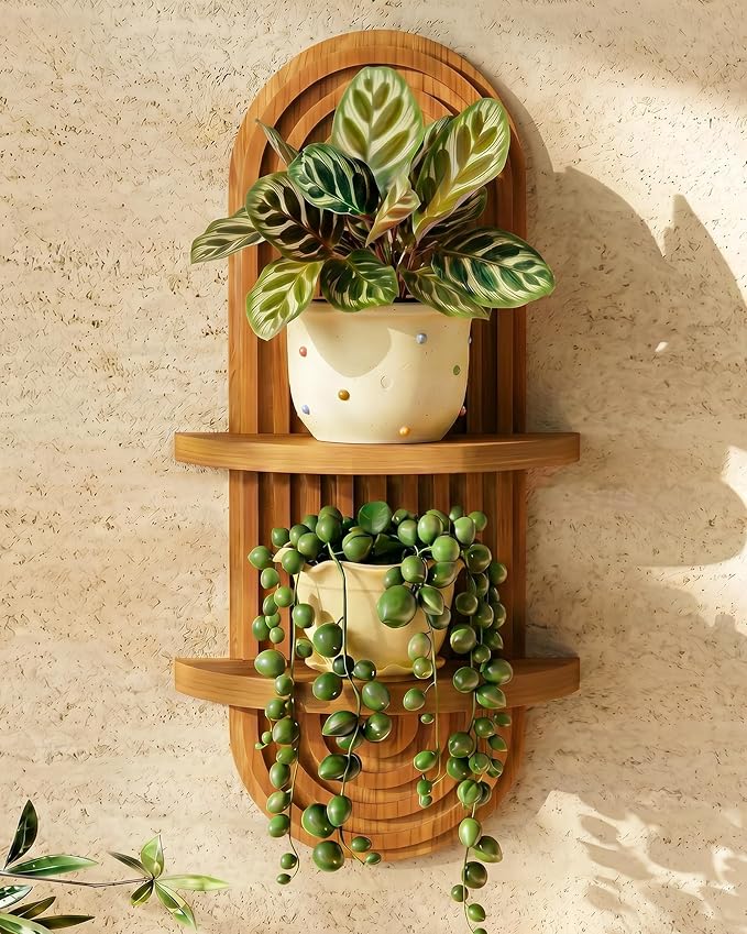 Bamworld Boho Wall Decor Brown Plant Wall Shelf Mid Century Modern Decor Hanging Plant Shelf 22in 2 Tier Wooden Floating Shelves Brown