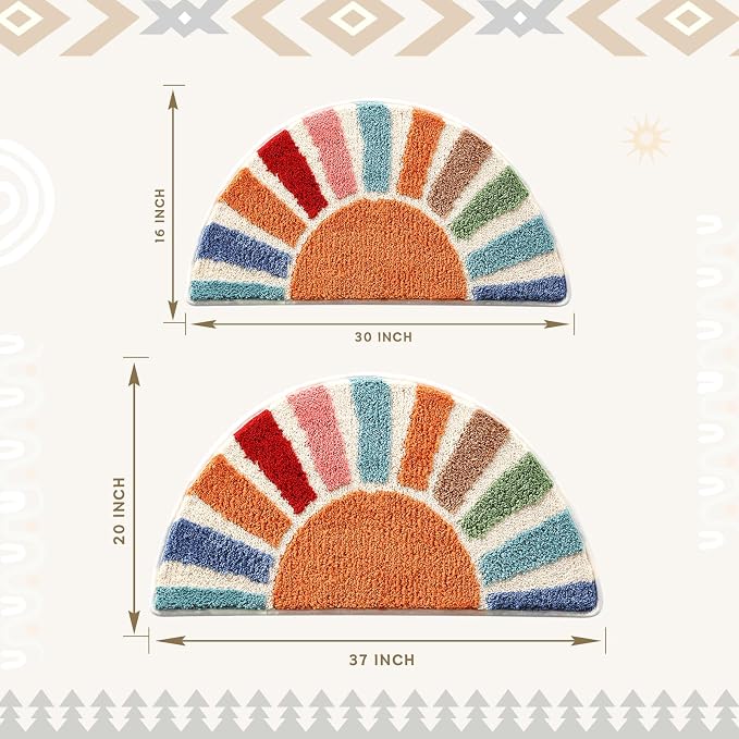 Moutina Boho Bathroom Rugs Cute Half Circle Bath Mat 16x30 Inch, Soft and Absorbent Tufted Bohemian Sun Bath Mat Non Slip Washable, Boho Bathroom Decor Rug Colorful Decorations