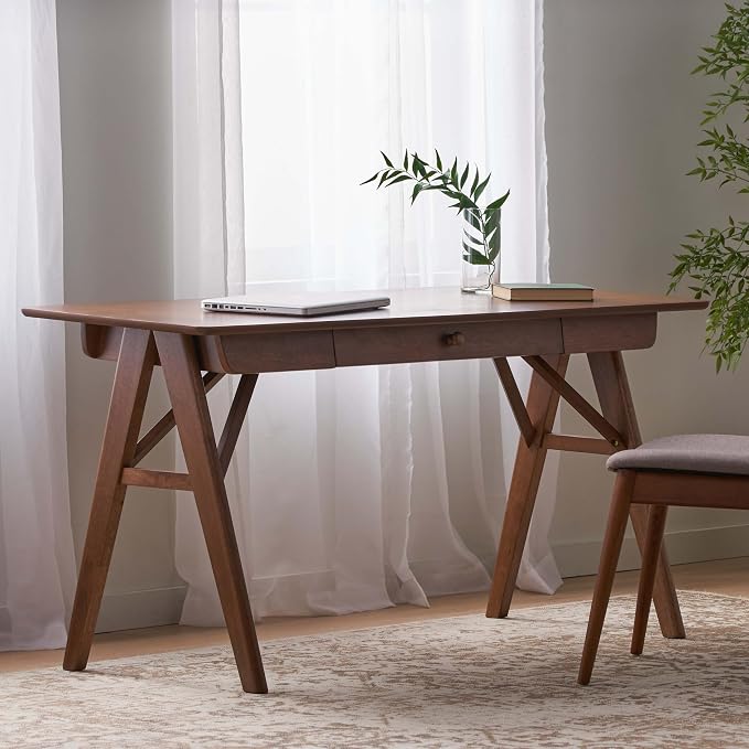 Wood Writing Desk with Drawers, Mid Century Desk with Solid Legs, Small Writing Desk for Small Spaces Bedroom Living Room, Easy Assembly (Walnut B)