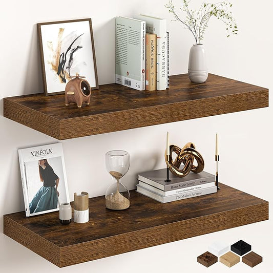 30Inch Floating Shelves for Wall, 12 Inch Deep Shelves for Bedroom, Kitchen, Bathroom Wall Mounted, Rustic Wood Floating Shelf with Invisible Brackets for Books, Storage, Decor, Rustic Brown, 2 Packs