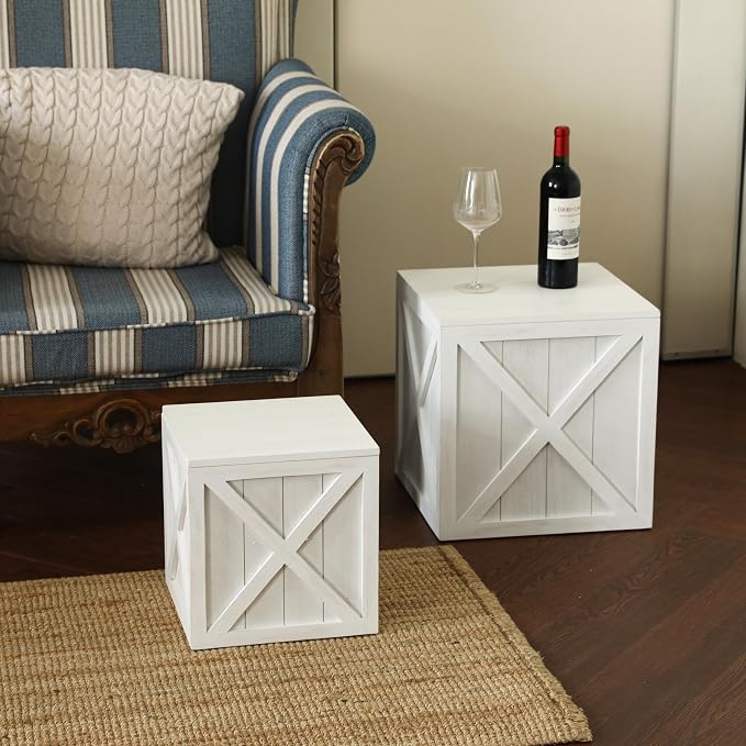 COLLECTIVE HOME - Wood Storage Ottoman, Rustic Storage Stool, 2 Pack Cube Seat Foot Rest Stool, Accent Side Table, Metal Storage Bin for Living Room Furniture, 16"/12" (White, barn Door)