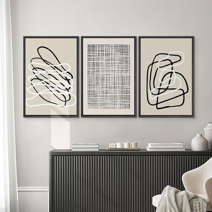 SIGNWIN Framed Canvas Print Wall Art Set Grunge Watercolor Paint Strokes Abstract Shapes Cozy Neutral Modern Art Decorative Boho Relax/Zen Nordic for Living Room, Bedroom, Office - 16"x24"x3 Black