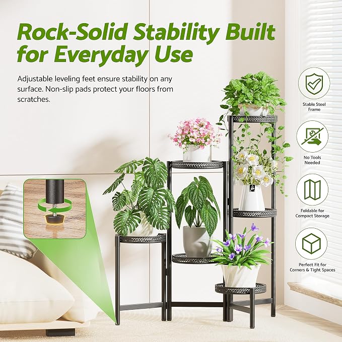 Metal Plant Stand Indoor Outdoor, 6 Tier Tall Flower Pot Holder Potted Display Rack Shelf, Heavy Duty Corner Plant Shelf for Patio Garden Balcony Living Room Bedroom - BlackS