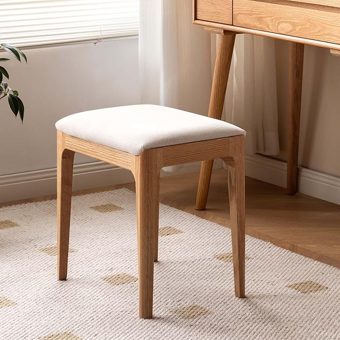 Vanity Stool, Ash Wood Vanity Chair, Wooden Chair for Vanity with Upholstered Cushions for Living Room, Bedroom