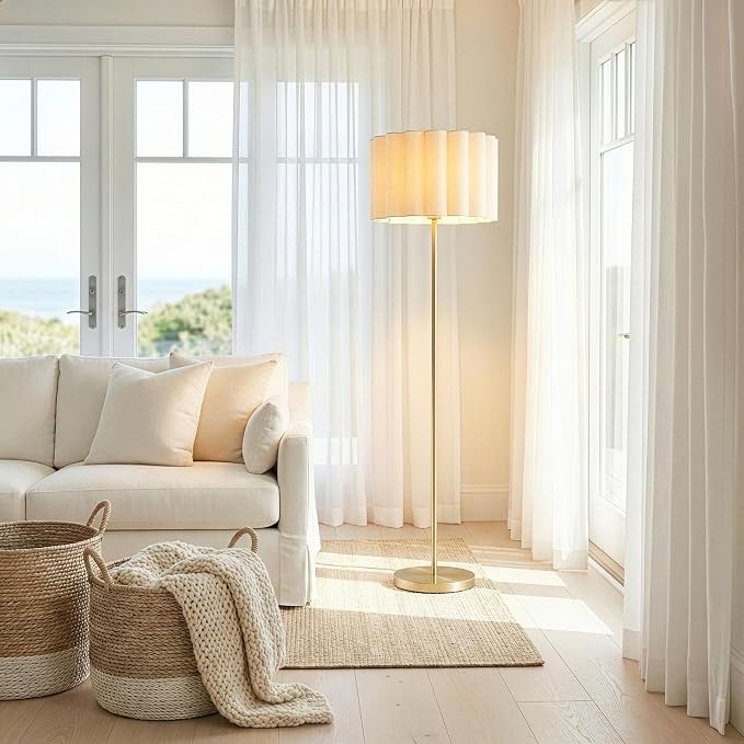 Brightech Estelle LED Floor lamp - 65” Tall Standing Floor Lamp - Modern Scalloped Cotton Shade for Boho, Mid-Century, Contemporary Decor - Warm Light for Living Room, Bedroom Office - Gold Brass